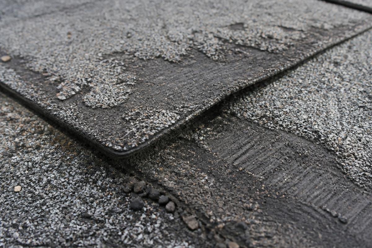 Close-up of a weathered asphalt shingle showing granule loss and edge curling