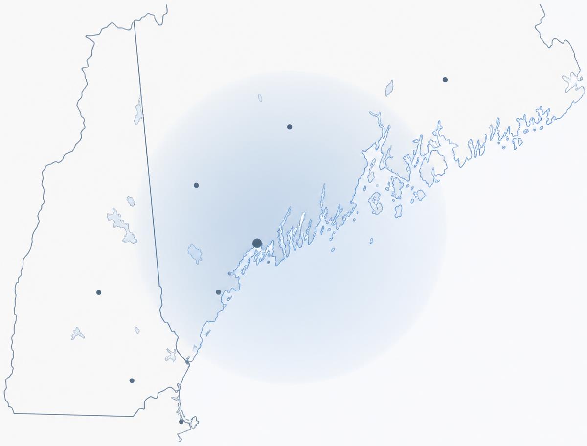 Map of the Roof Vital service radius centered on Portland, Maine, covering Southern Maine and Southern New Hampshire