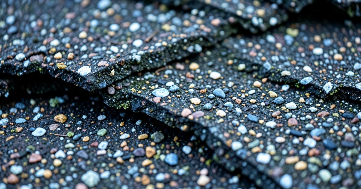 Close-up of asphalt shingles showing signs of aging and granule loss